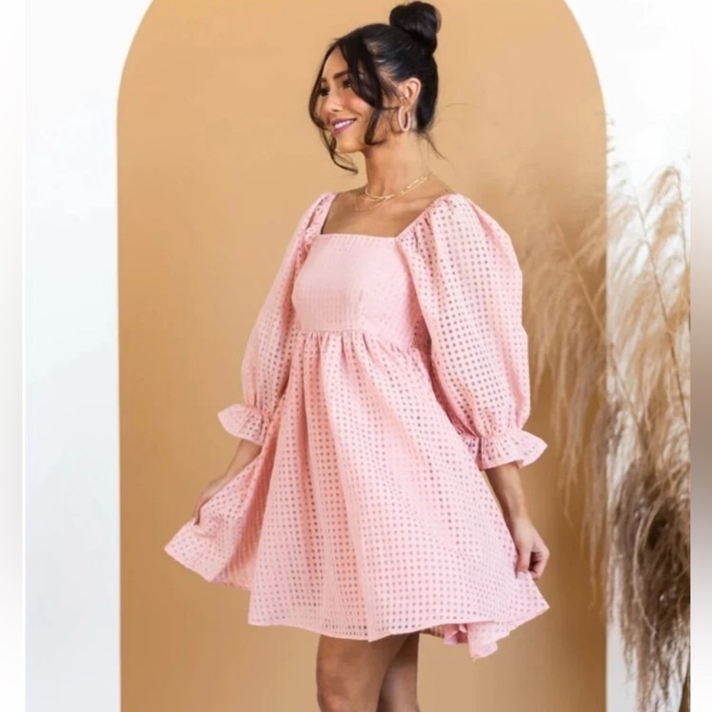 Entro Puffy Peasant Sleeve Checkered Gingham Sheer Cinched Pink Women’s Dress S